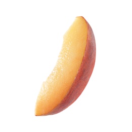 Photo of Slice of sweet juicy peach on white background