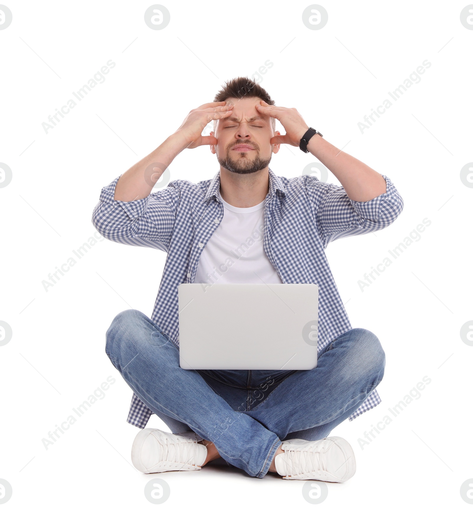 Photo of Emotional man with laptop on white background