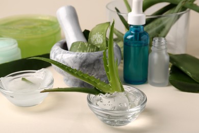 Photo of Bowl with natural gel and fresh aloe on beige background