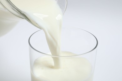 Pouring milk into glass on white background, closeup