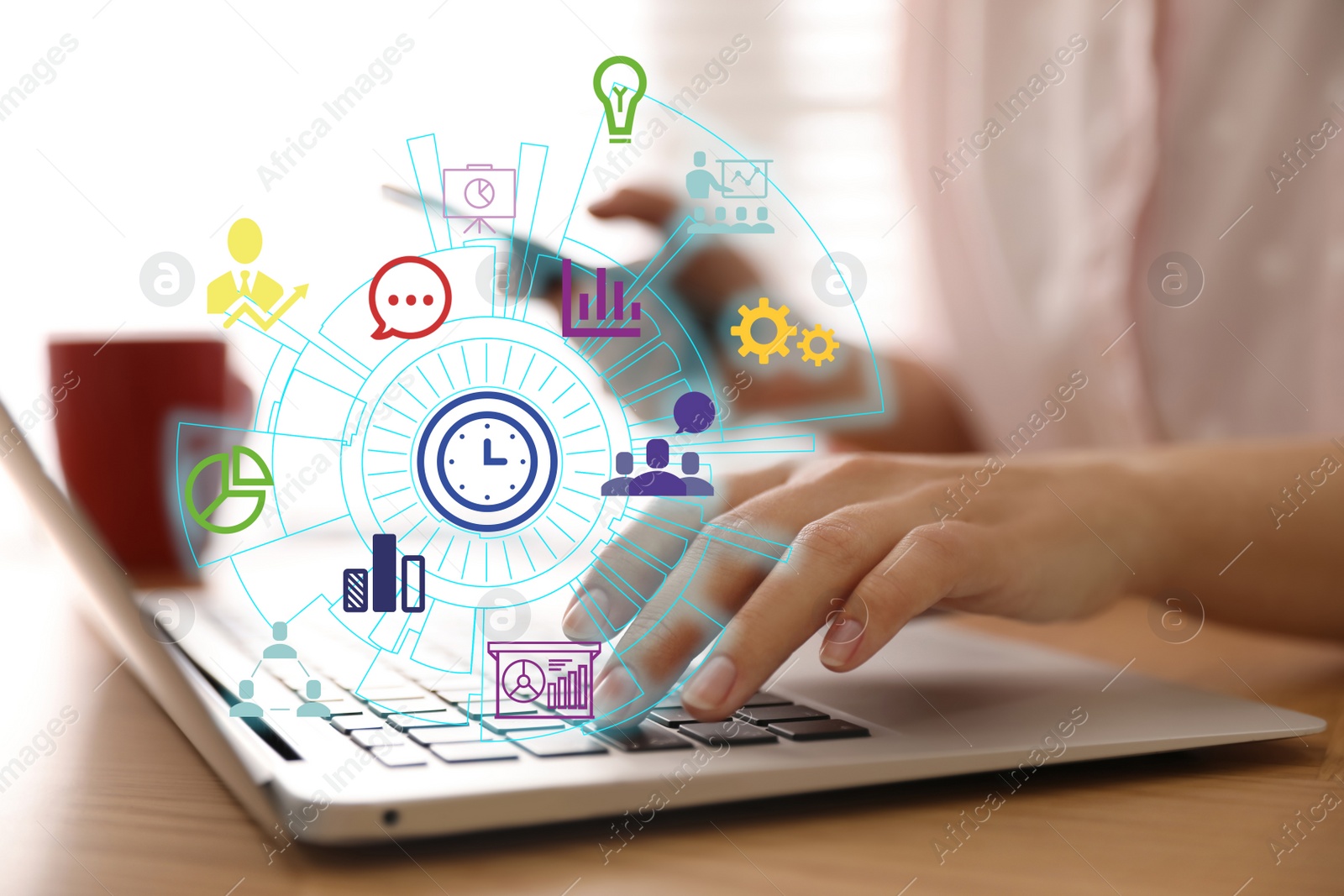 Image of Modern technology concept. Woman working with laptop at wooden table, closeup