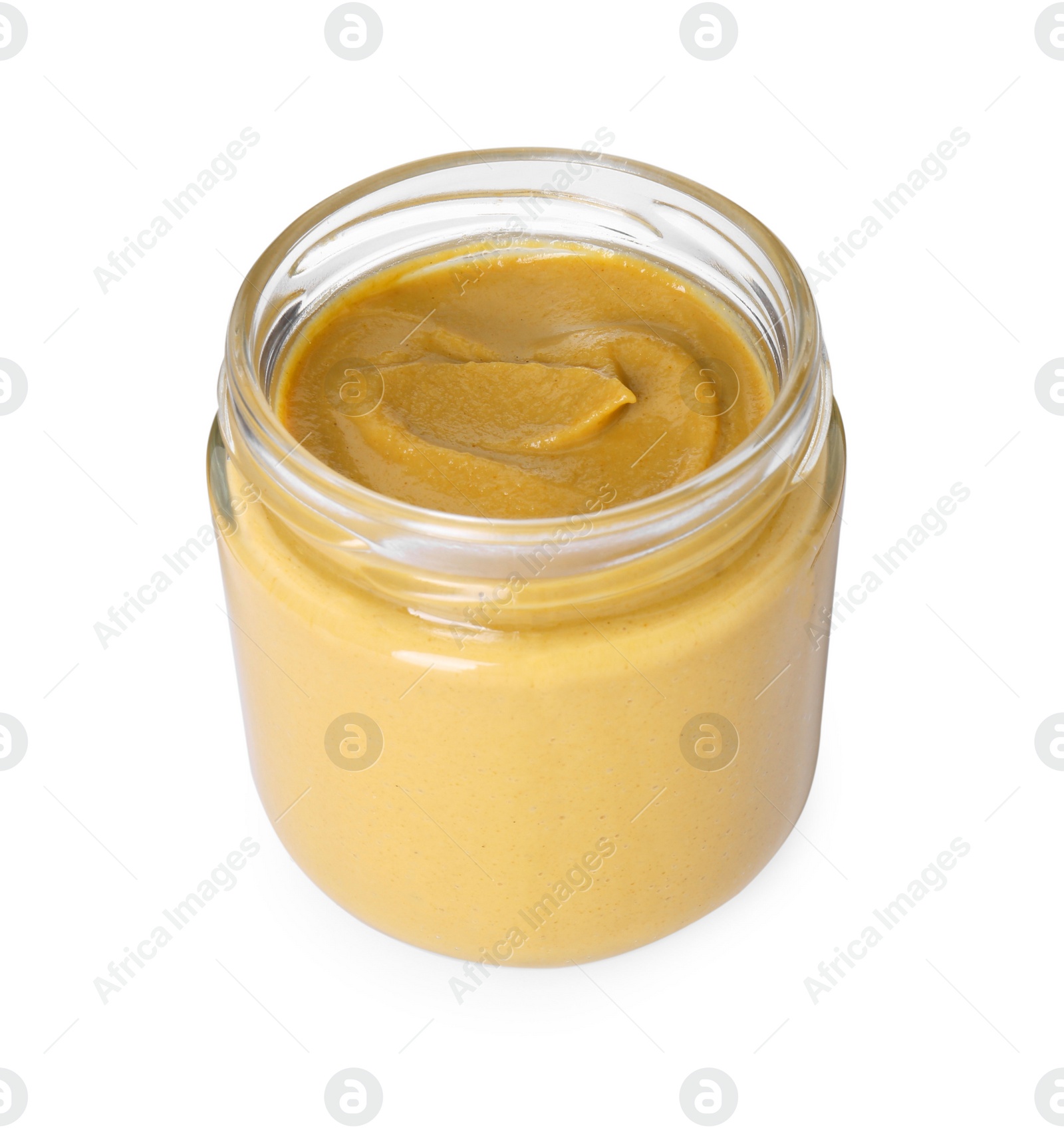 Photo of Fresh tasty mustard sauce in glass jar isolated on white