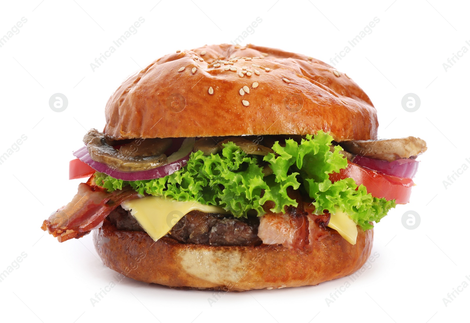 Photo of Delicious burger with bacon and mushrooms on white background