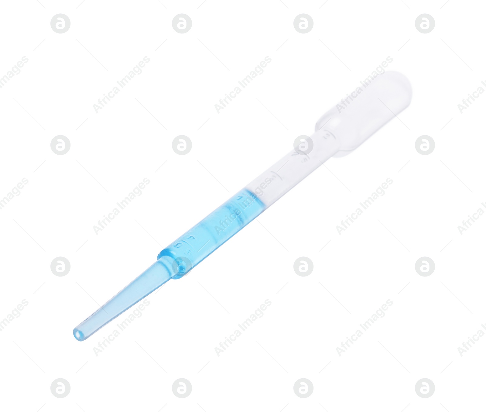 Photo of One transfer pipette with liquid isolated on white