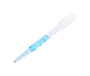 Photo of One transfer pipette with liquid isolated on white