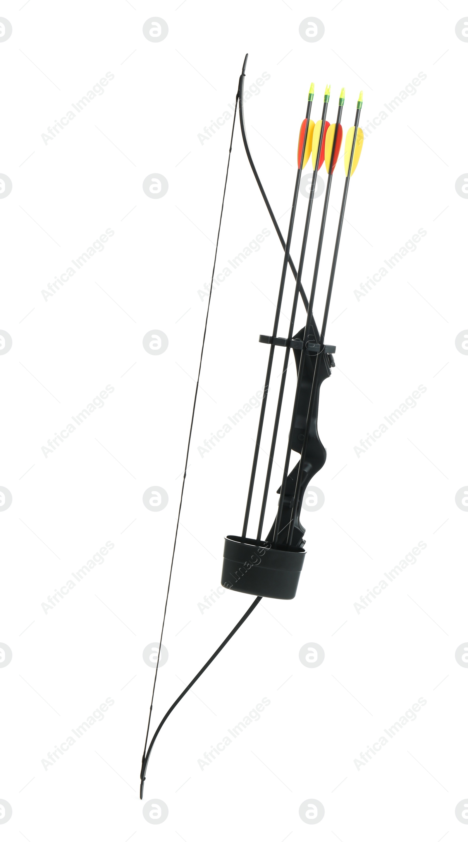 Photo of Black bow and plastic arrows on white background. Archery sports equipment