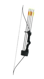 Black bow and plastic arrows on white background. Archery sports equipment