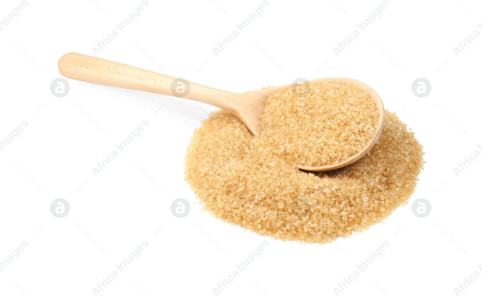 Photo of Pile of brown sugar and wooden spoon isolated on white