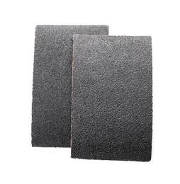 Photo of Two sheets of sandpaper isolated on white, top view