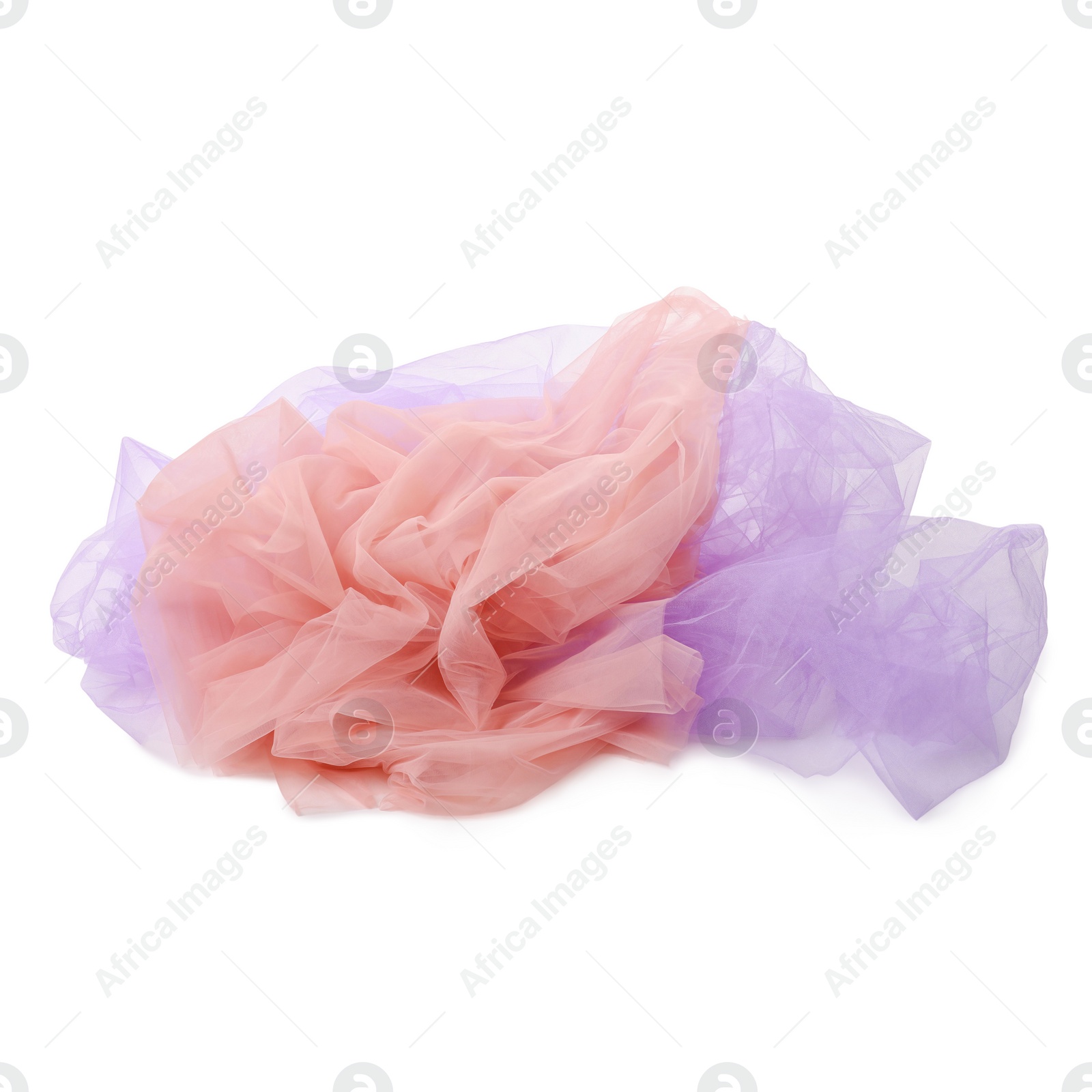 Photo of Beautiful colorful tulle fabrics on white background