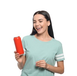 Beautiful happy woman holding red beverage can on white background