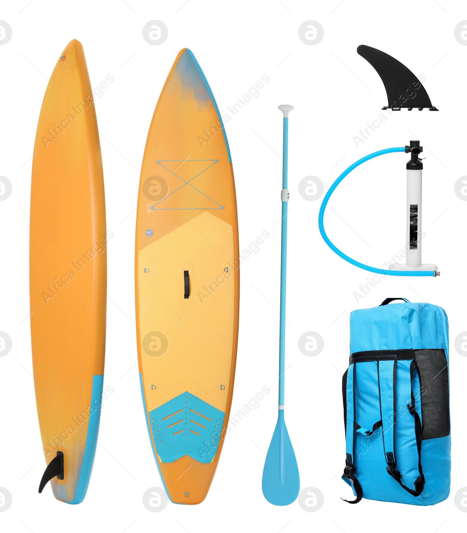 Image of SUP board and different equipment for stand up paddle boarding isolated on white, set