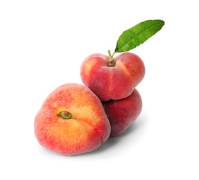 Fresh ripe donut peaches on white background