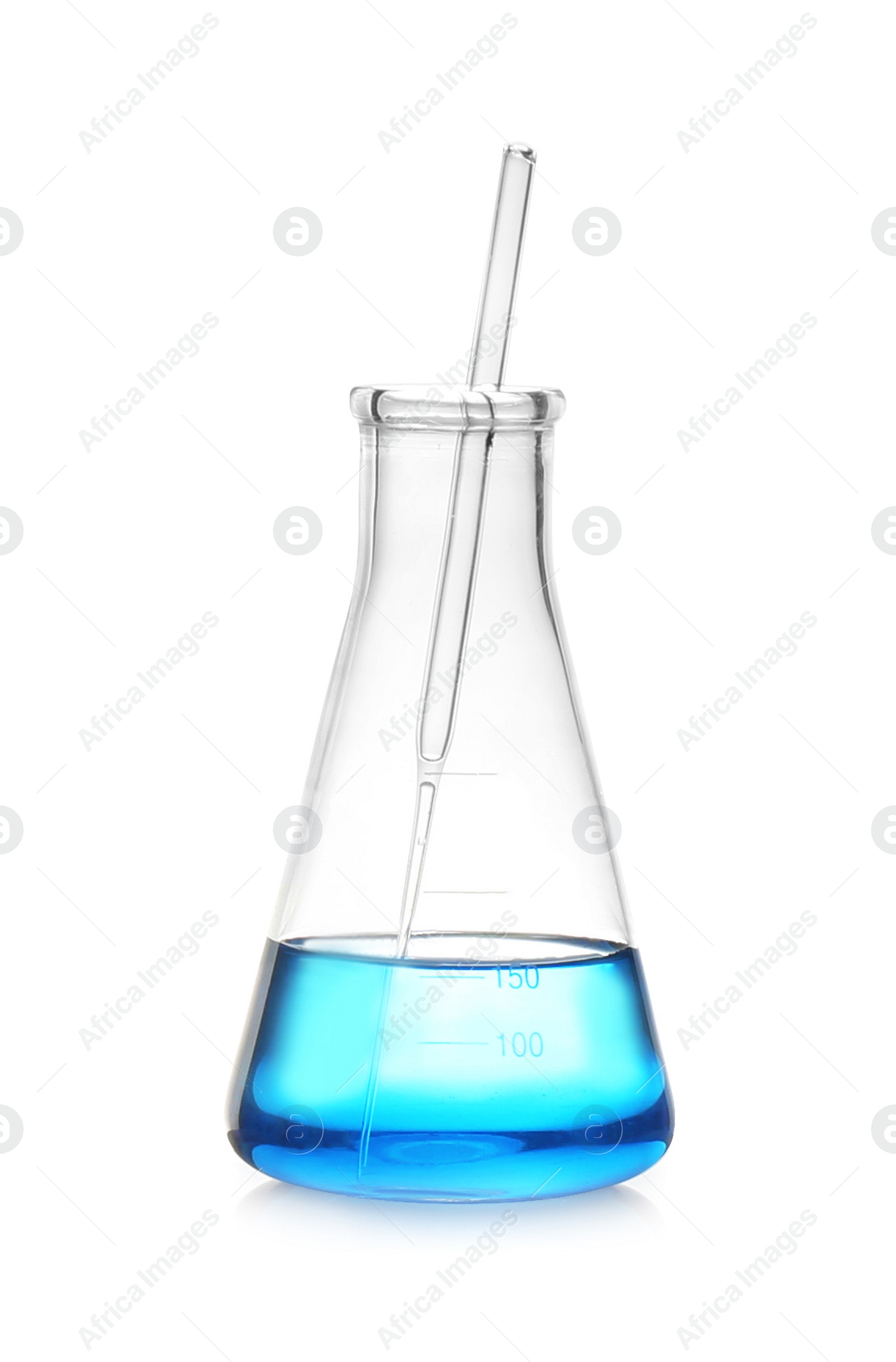 Photo of Conical flask with light blue liquid isolated on white