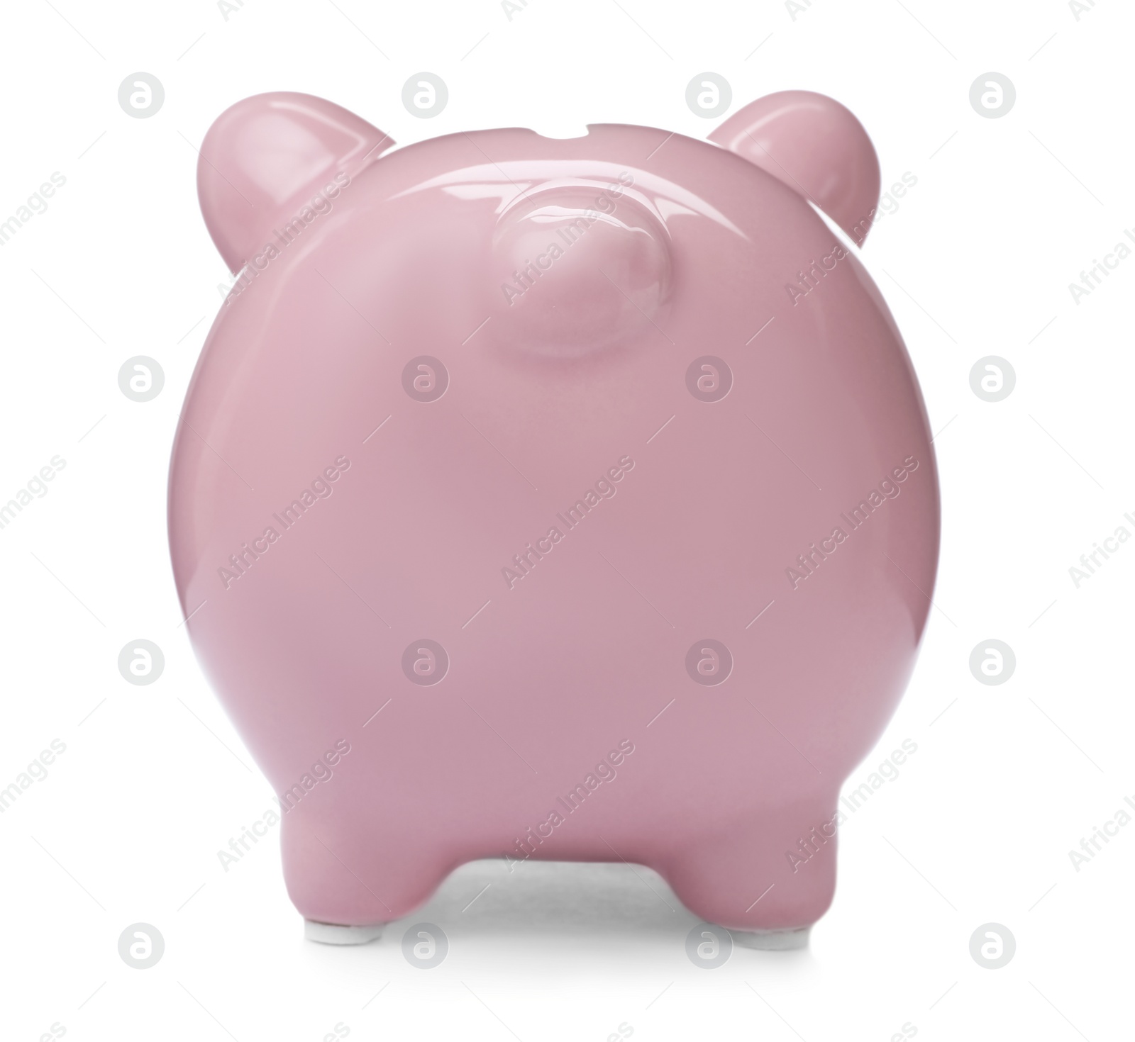 Photo of Pink piggy bank on white background. Money saving