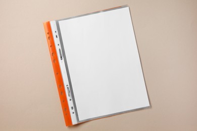Photo of File folder with punched pockets on light grey background, top view
