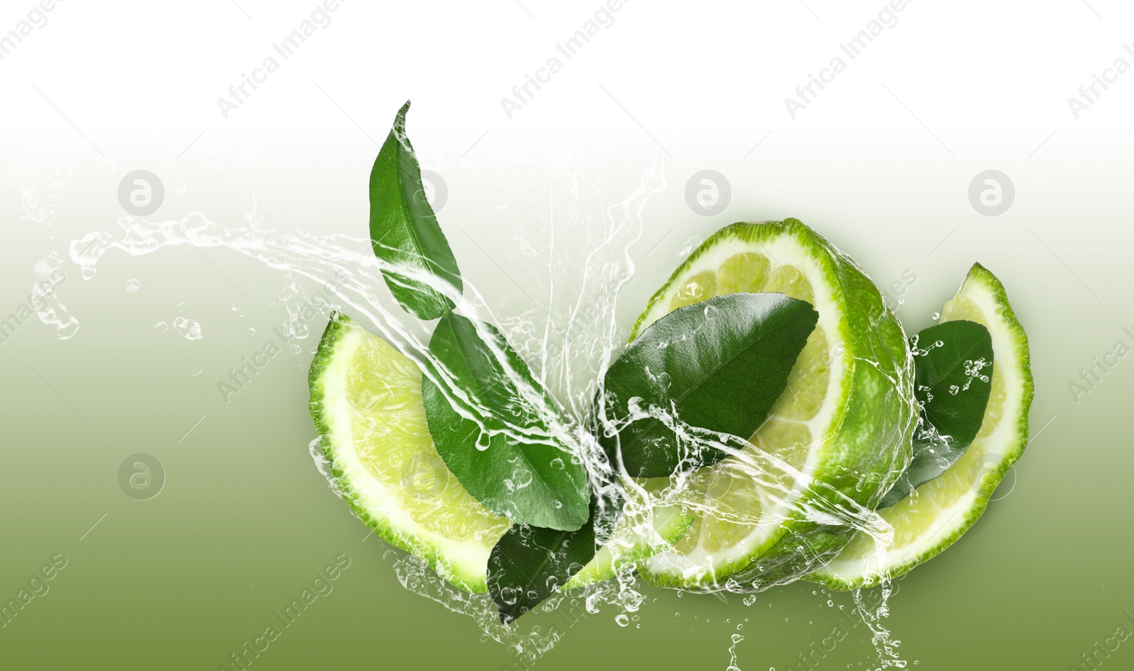 Image of Fresh ripe bergamot fruit, green leaves and splashing water on color background