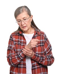 Photo of Arthritis symptoms. Woman suffering from pain in wrist on white background