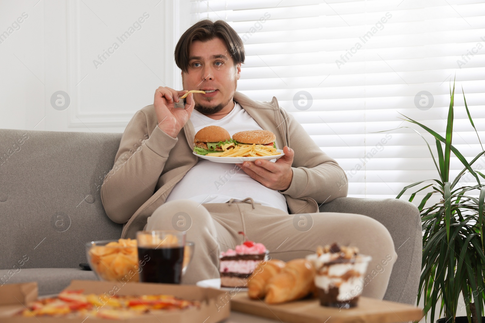 Photo of Overweight man with plate of burgers and French fries on sofa at home