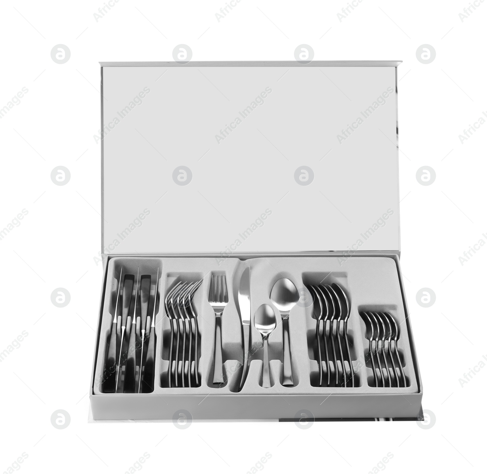 Photo of Box with forks, knives and spoons on white background