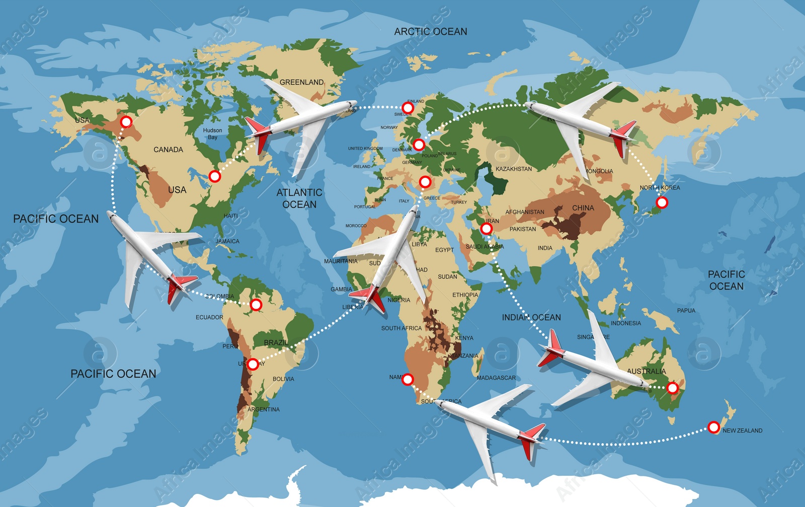 Illustration of Flight routs map with airplanes on it, illustration 