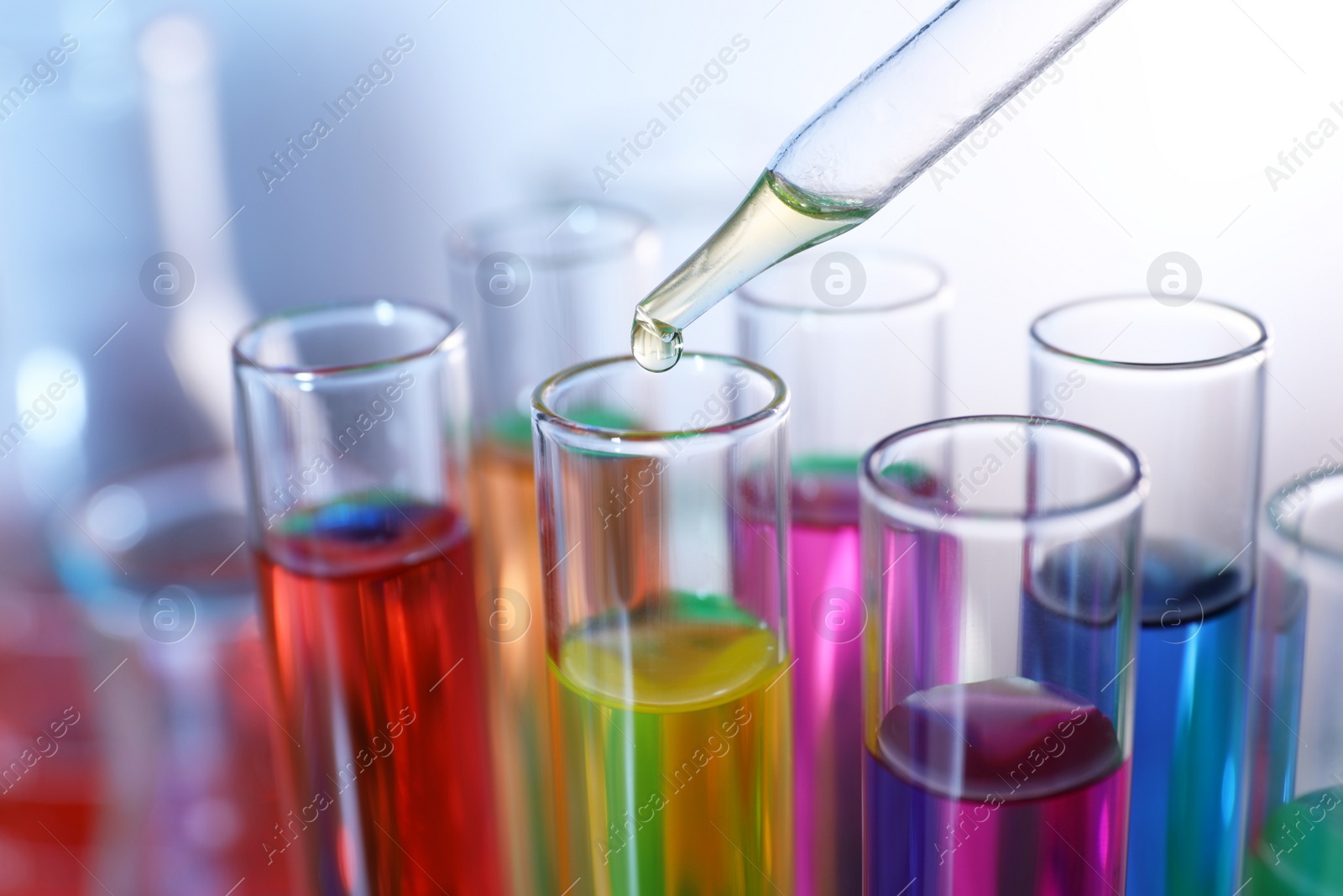 Photo of Dripping liquid from pipette into test tube on blurred background, closeup