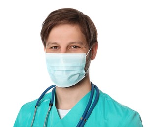 Photo of Doctor or medical assistant (male nurse) with protective mask and stethoscope on white background