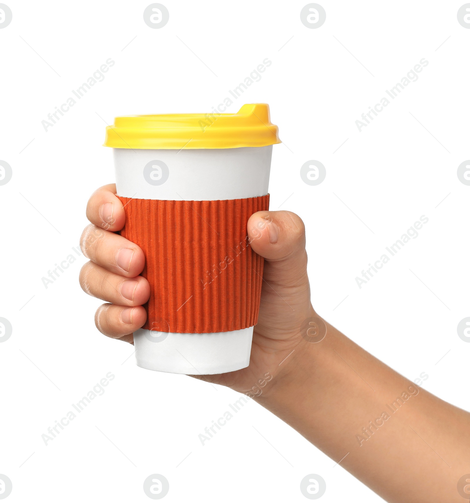 Photo of Woman holding paper coffee cup isolated on white