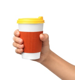 Photo of Woman holding paper coffee cup isolated on white