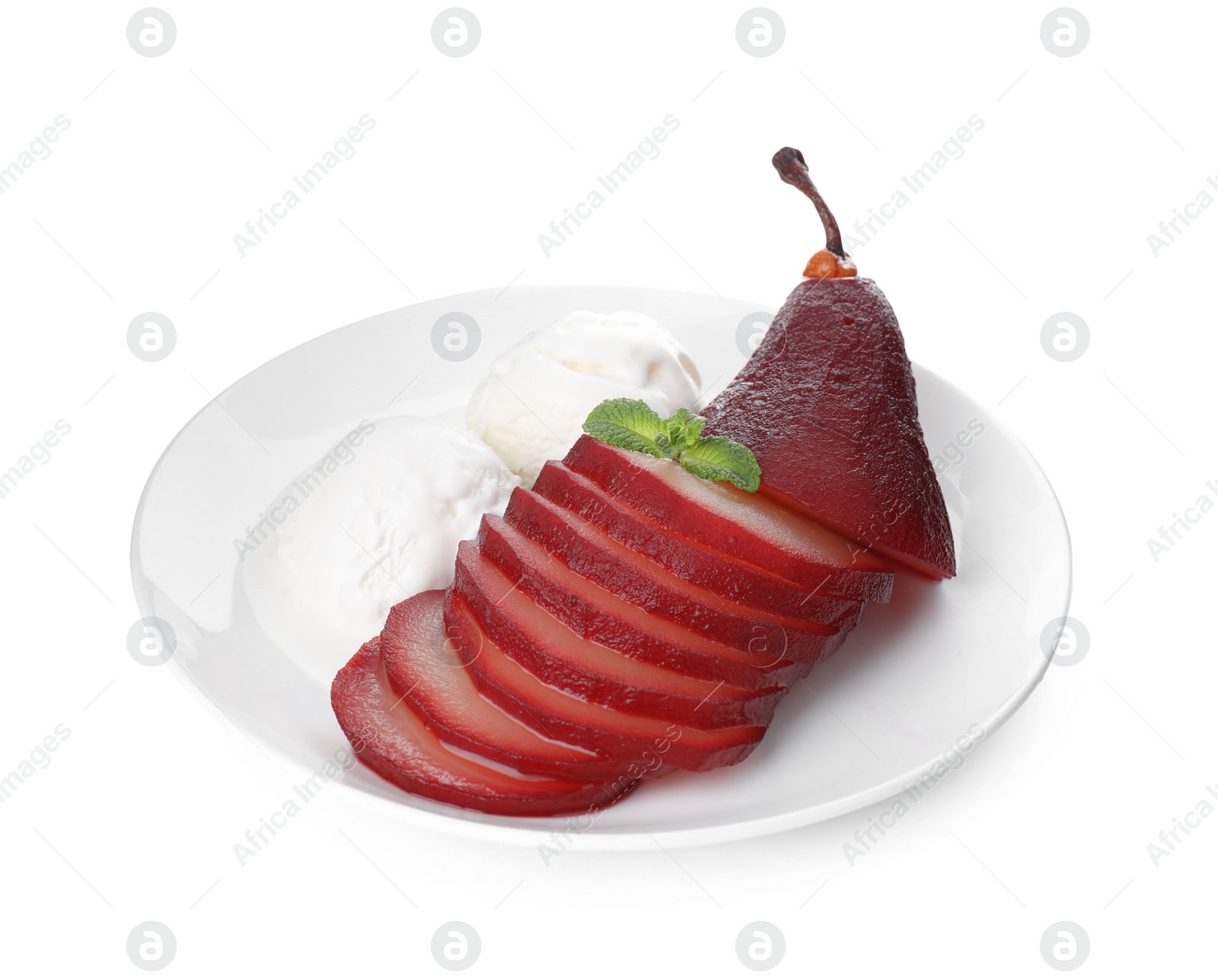 Photo of Tasty red wine poached pear and ice cream isolated on white