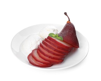 Photo of Tasty red wine poached pear and ice cream isolated on white