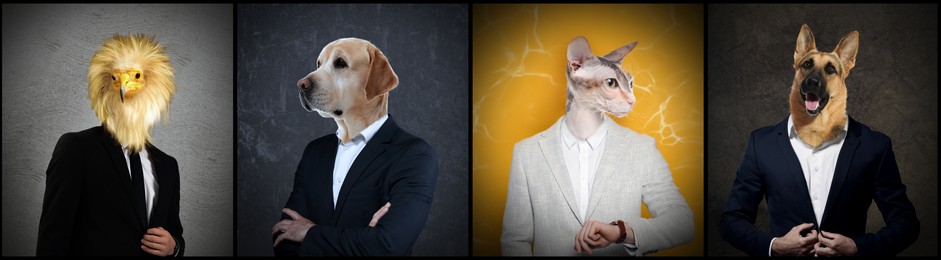 Image of Businessmen with faces of different animals on color background. Set of portraits
