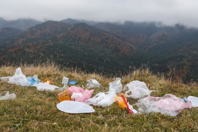 Plastic garbage scattered on grass in nature