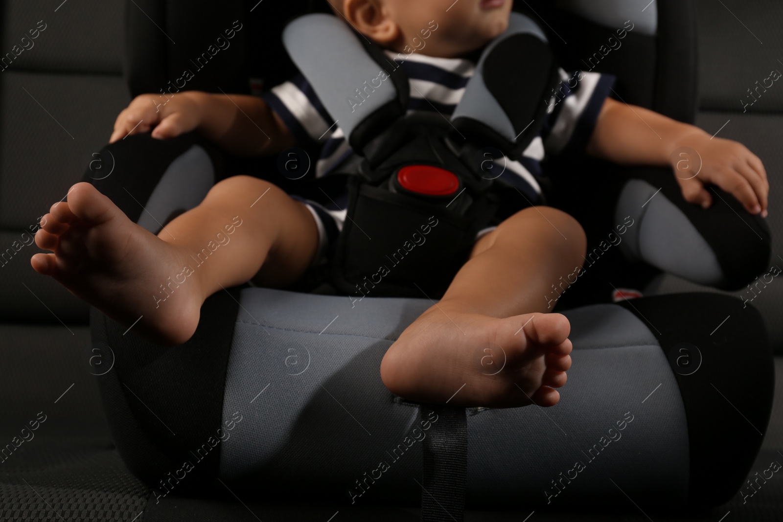 Photo of Cute little boy sitting in child safety seat inside car, closeup