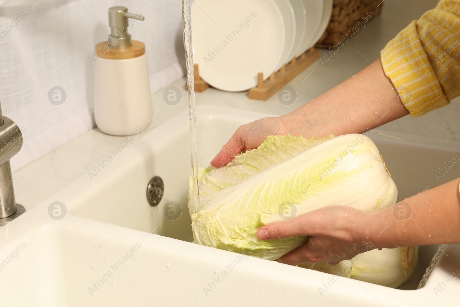 Photo of Woman washing fresh chinese cabbage under tap water in kitchen sink, closeup