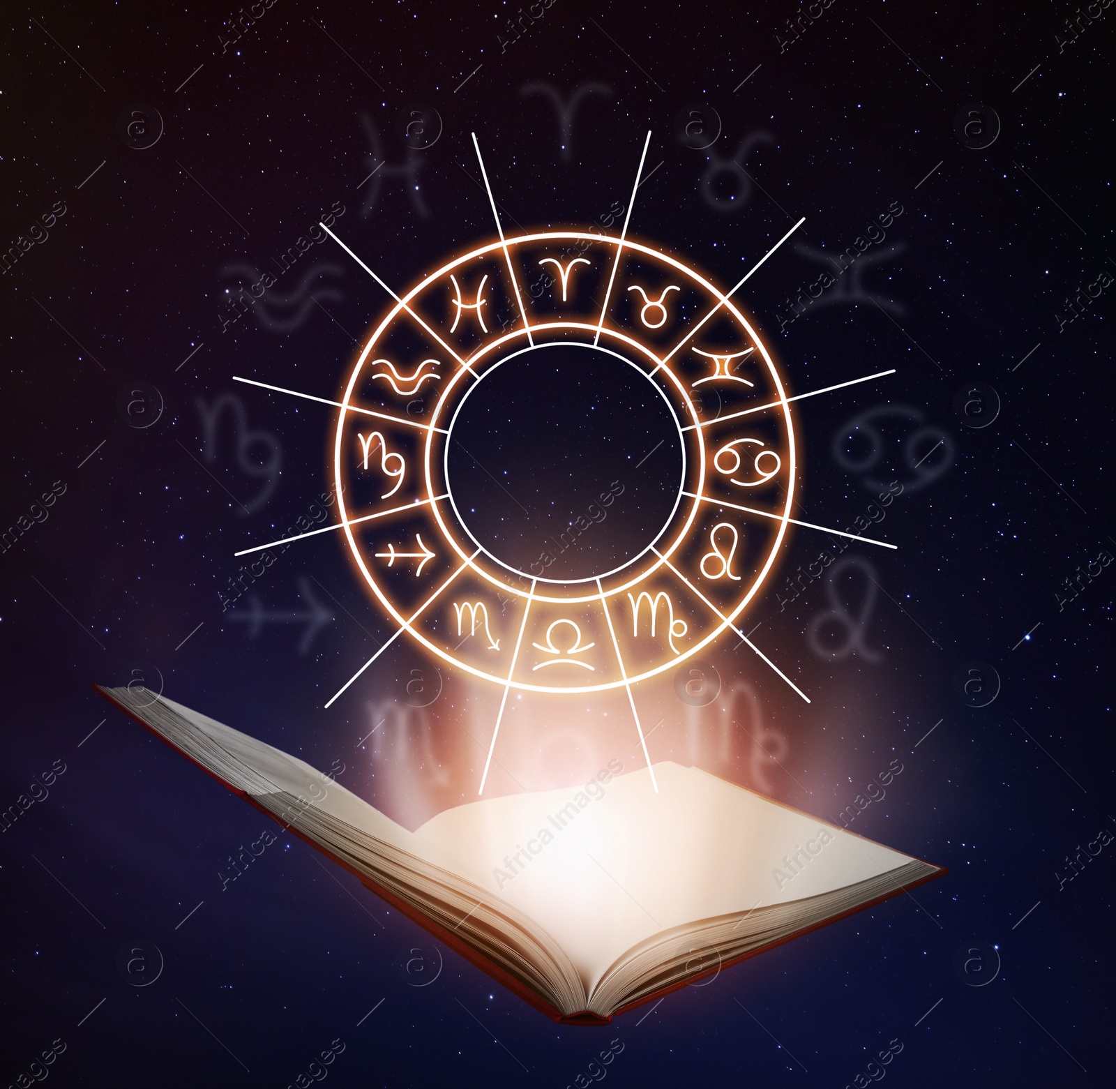 Image of Open book, illustration of zodiac wheel with astrological signs and starry sky at night