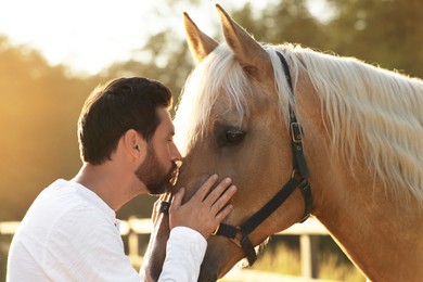 Photo of Handsome man with adorable horse outdoors on sunny day. Lovely domesticated pet