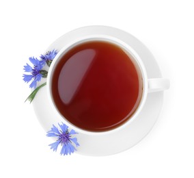 Photo of Cornflower tea and fresh flowers on white background, top view