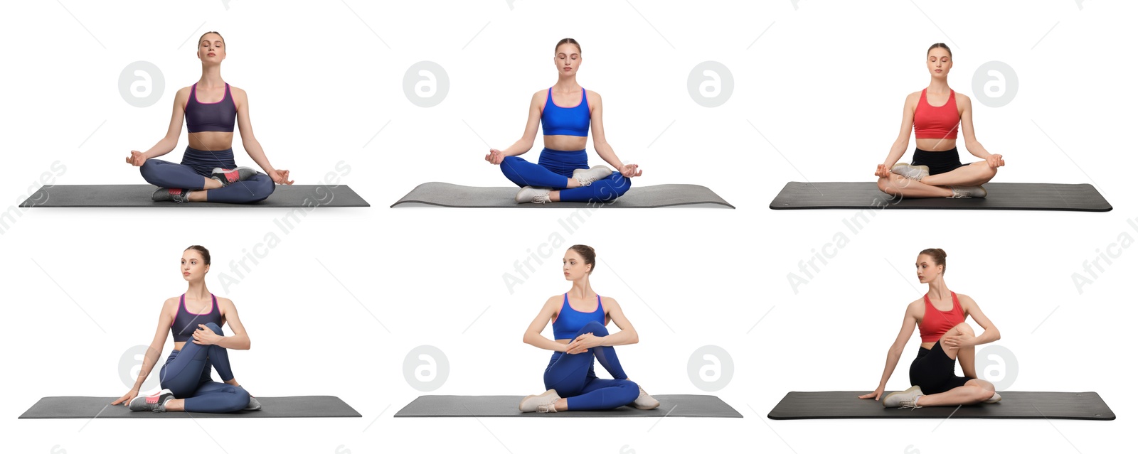 Image of Young woman practicing yoga on white background. Collage with different asanas