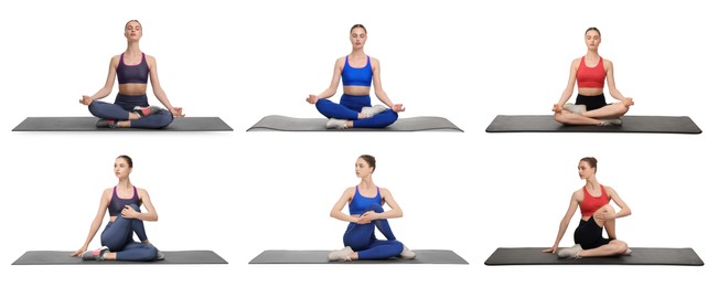 Young woman practicing yoga on white background. Collage with different asanas