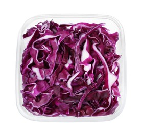 Fresh chopped red cabbage in plastic container isolated on white, top view