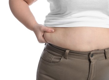 Overweight woman in tight shirt and trousers on white background, closeup