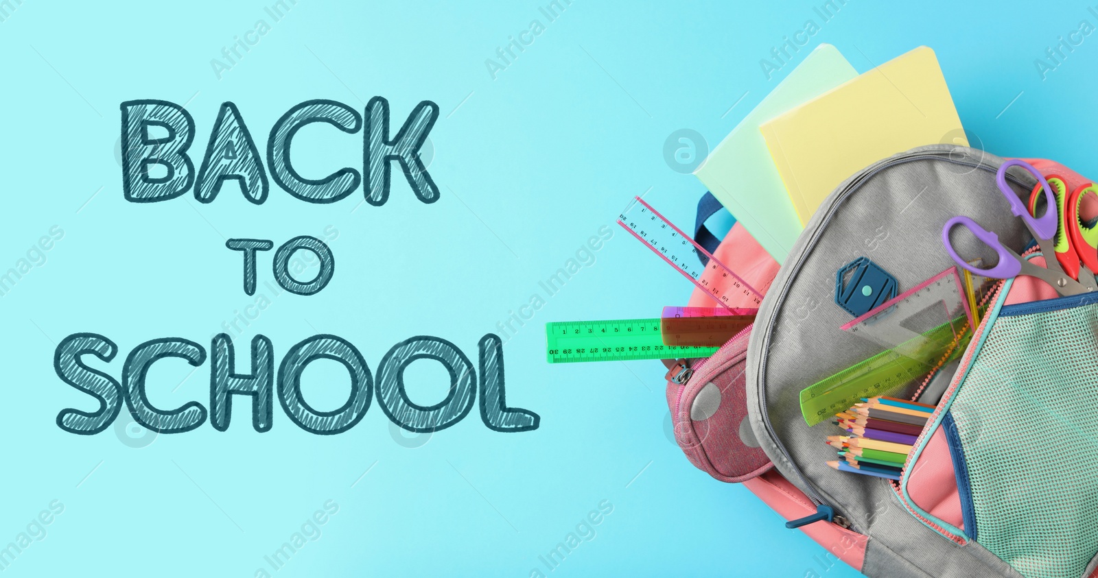 Image of Text Back To School and backpack with different stationery on light blue background, top view. Banner design 