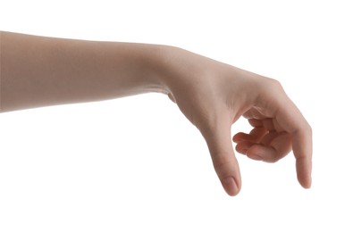 Woman against white background, closeup of hand