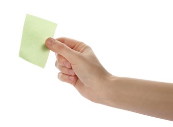 Photo of Man holding facial oil blotting tissue on white background, closeup. Mattifying wipe