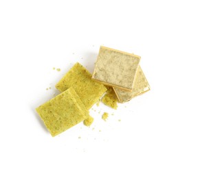 Photo of Bouillon cubes on white background, top view