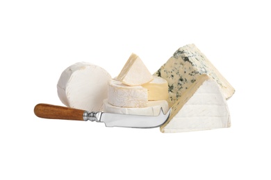 Photo of Different types of cheese and knife on white background