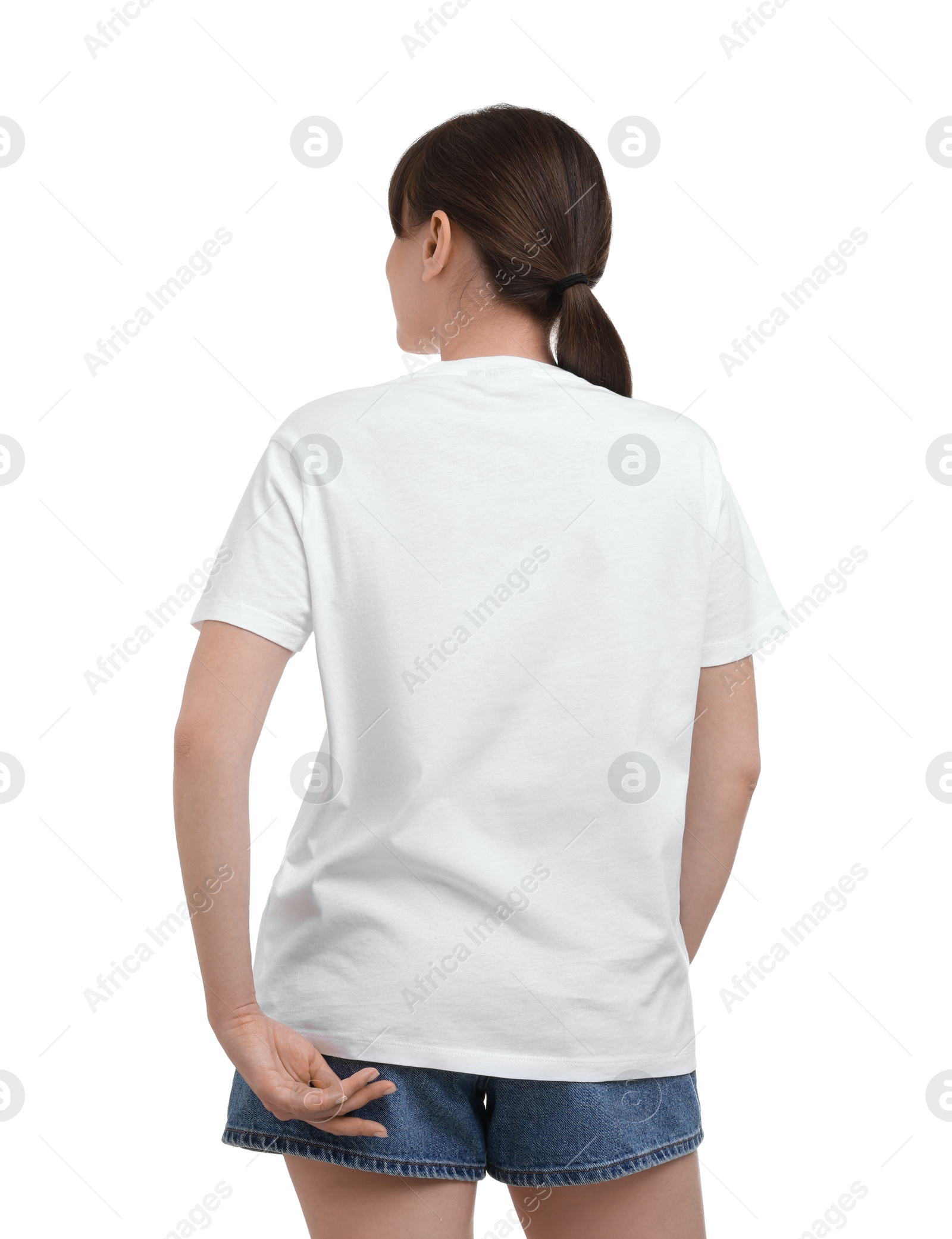 Photo of Woman in stylish t-shirt on white background, back view