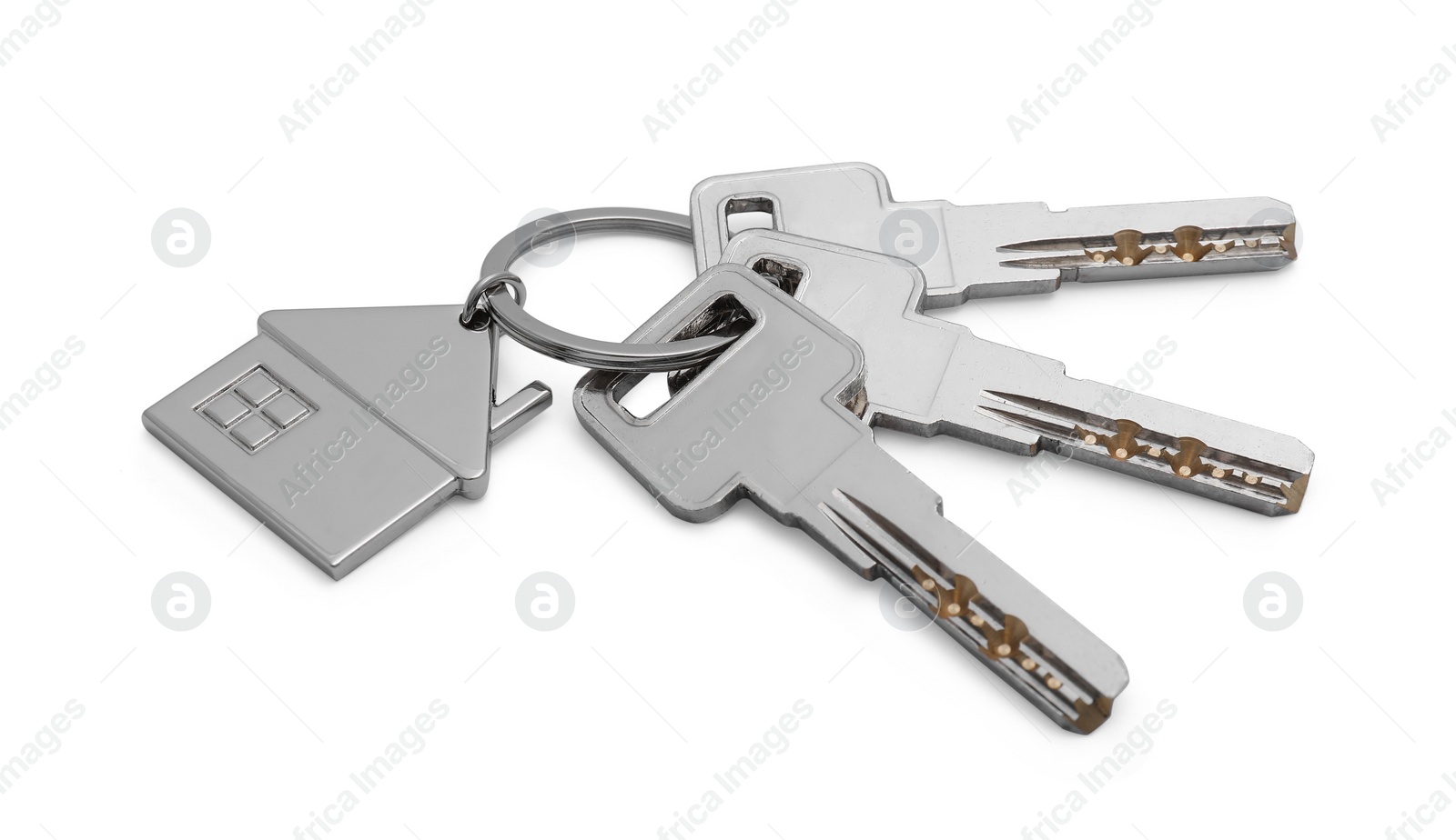 Photo of Keys with keychain in shape of house isolated on white