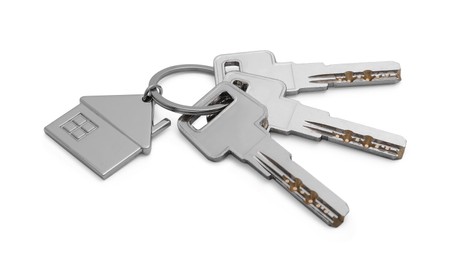 Photo of Keys with keychain in shapehouse isolated on white